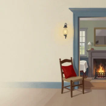 A lit front parlour in use while the rooms beyond still sit under white dust sheets.