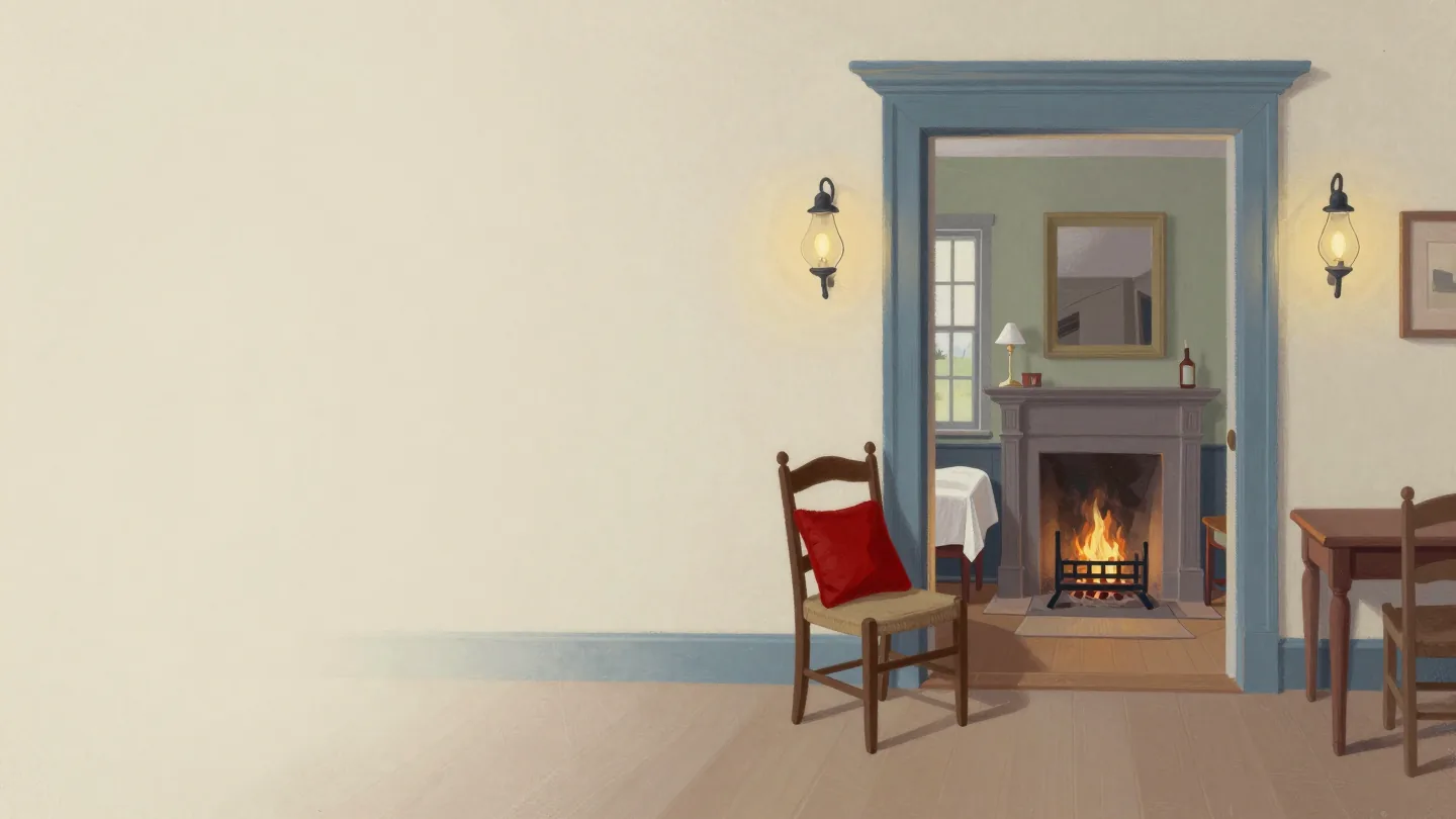 A lit front parlour in use while the rooms beyond still sit under white dust sheets.