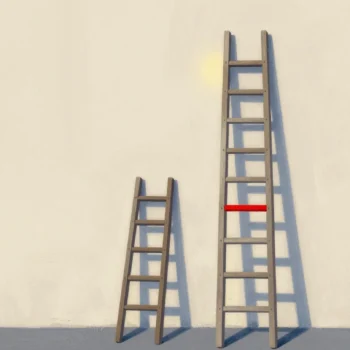 Gouache painting: two wooden ladders leaning on one orchard wall, a short one beside a tall one with identical lower rungs, one vermilion rung on the short ladder