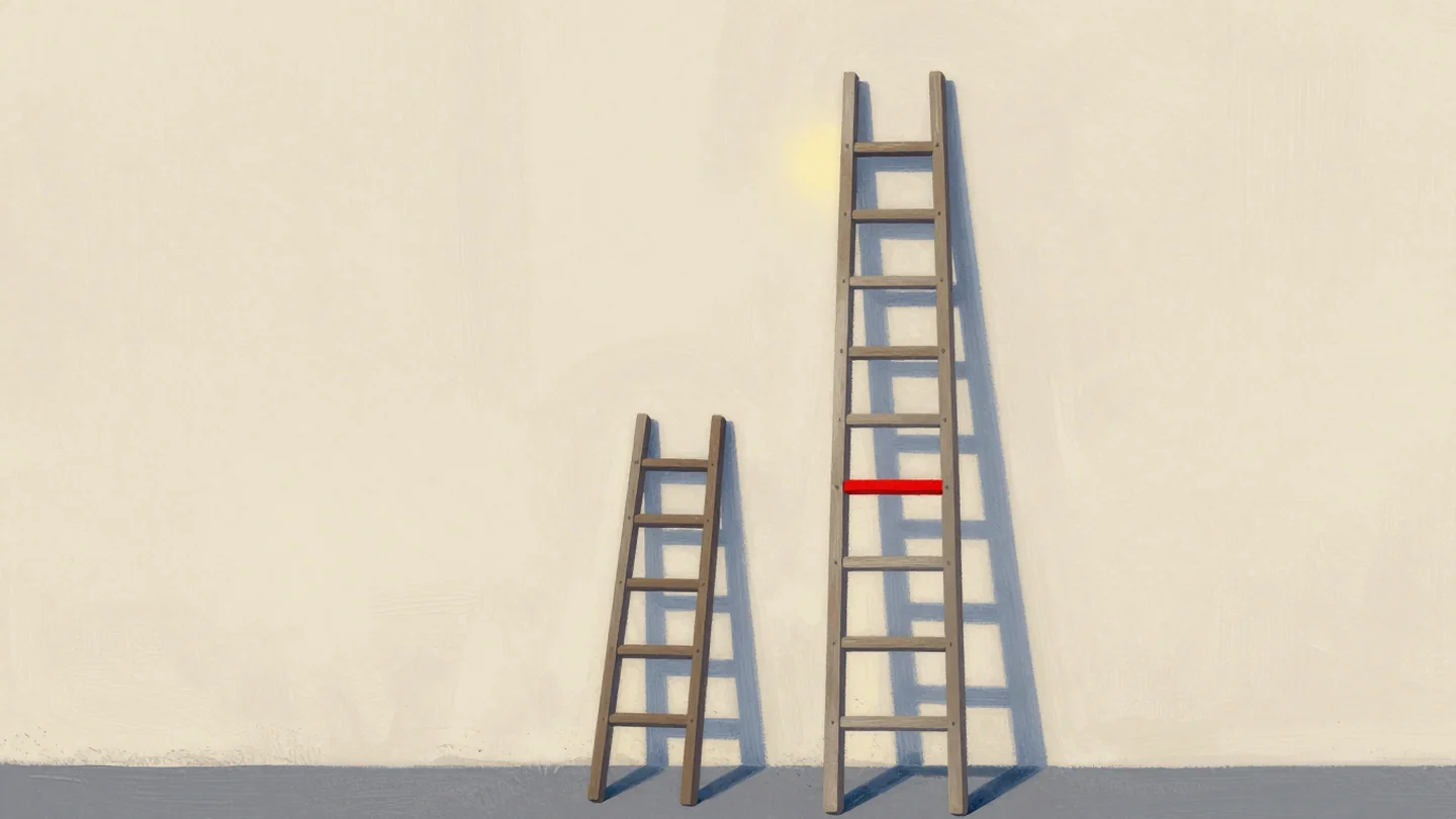Gouache painting: two wooden ladders leaning on one orchard wall, a short one beside a tall one with identical lower rungs, one vermilion rung on the short ladder
