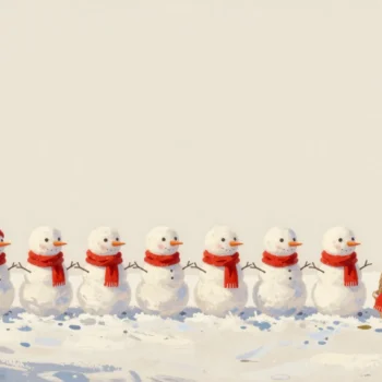 A row of small snowmen along a snowy path, each wearing the same red scarf