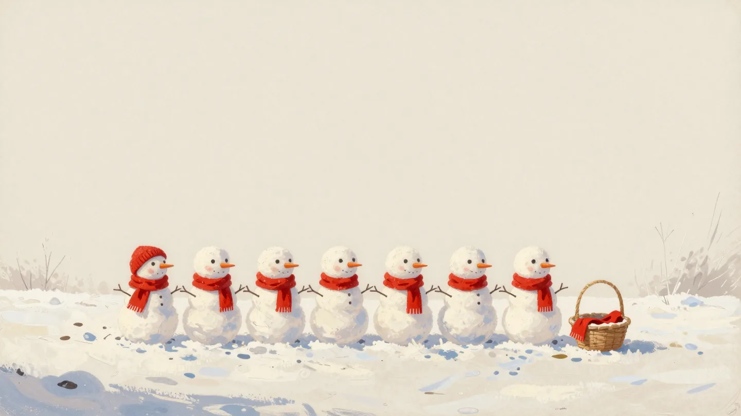 A row of small snowmen along a snowy path, each wearing the same red scarf
