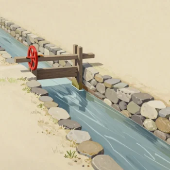 A stone-lined irrigation channel with a small sluice gate and a red wheel across the water