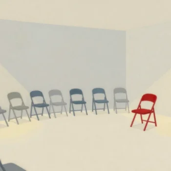 Gouache painting: a room that overflowed, extra folding chairs lined along every wall, one chair vermilion