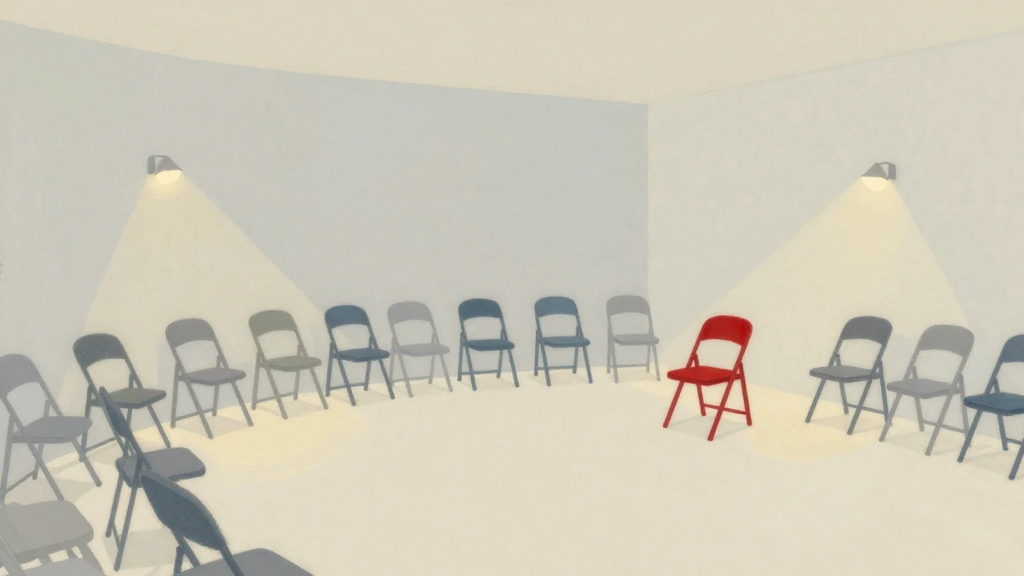 Gouache painting: a room that overflowed, extra folding chairs lined along every wall, one chair vermilion
