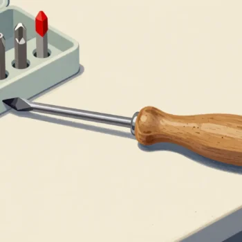 A screwdriver with a red bit in its handle beside an open case of spare bits.