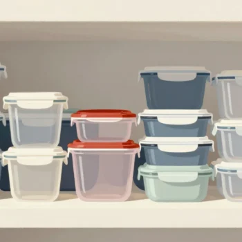 A kitchen cupboard crammed with unmatched container lids, a red one at the front.
