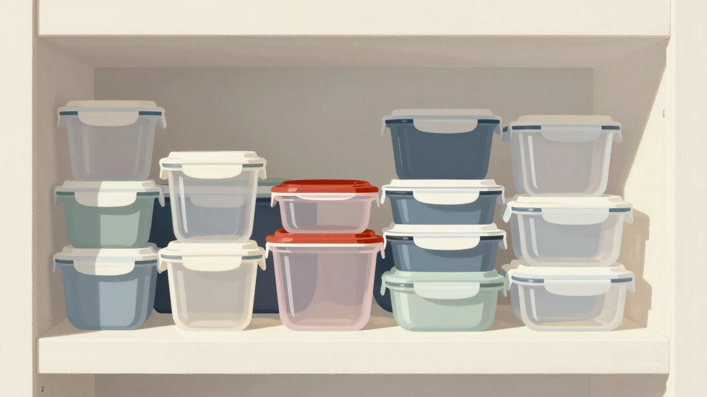 A kitchen cupboard crammed with unmatched container lids, a red one at the front.