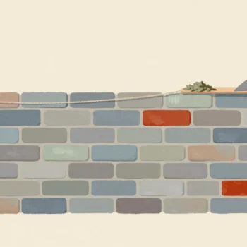 A half-built brick wall with even mortar joints, a taut string line along the top and a trowel on the last brick.