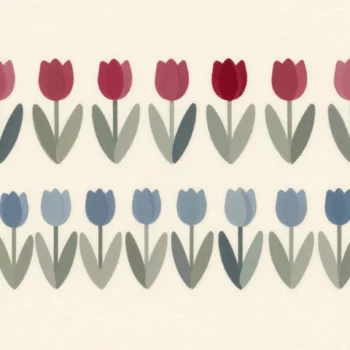 Two rows of tulips, one all red and one in randomly mixed colors.