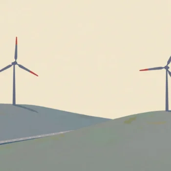 Two identical windmills on hills across a valley, sails turning in step