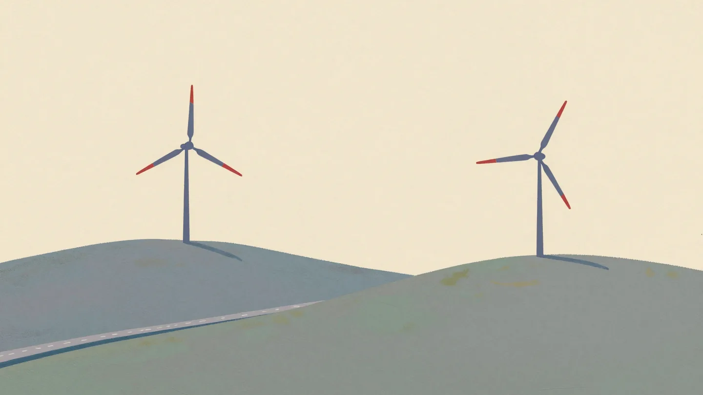 Two identical windmills on hills across a valley, sails turning in step