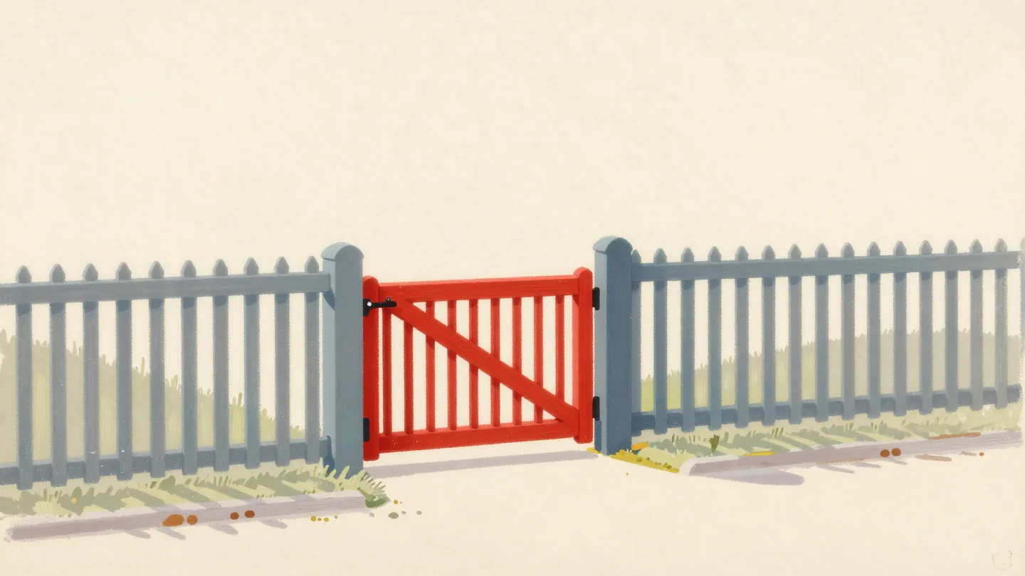A row of garden gates swinging free, one red gate still latched