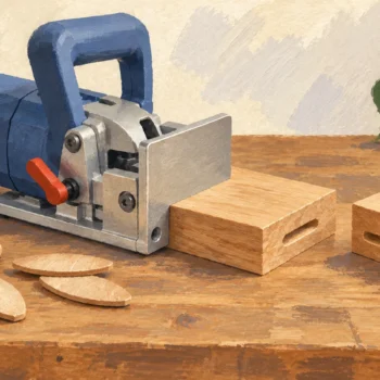 Biscuit joiner set against one timber joint beside an untouched matching joint