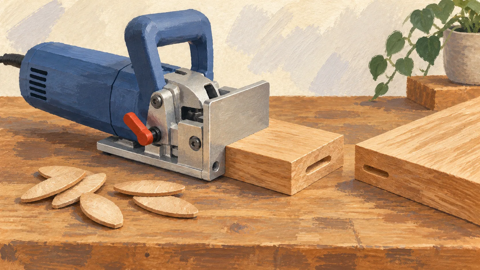 Biscuit joiner set against one timber joint beside an untouched matching joint
