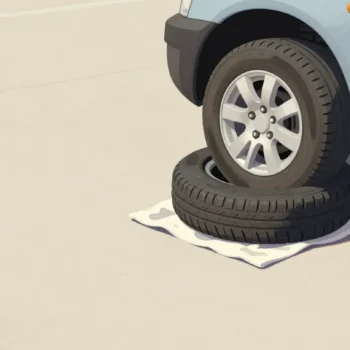A car raised on a jack in a sunny driveway, spare wheel and red brace laid out.