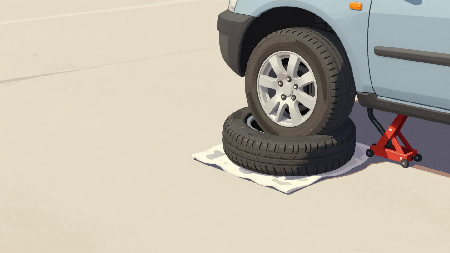 A car raised on a jack in a sunny driveway, spare wheel and red brace laid out.