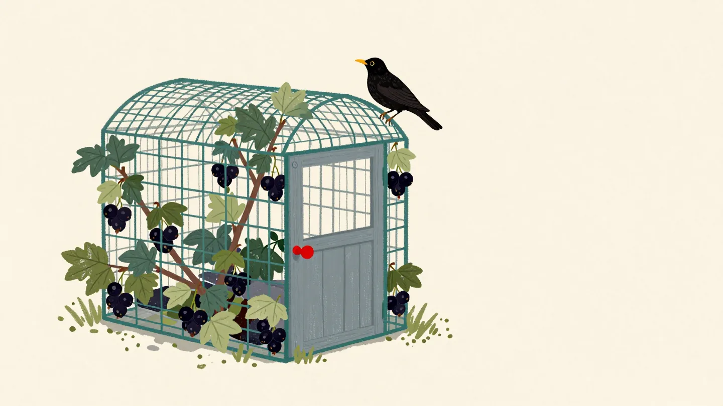 A netted fruit cage over blackcurrant bushes, a blackbird perched outside unable to get in.