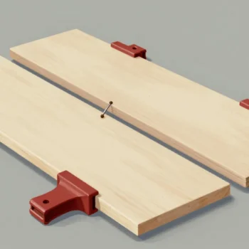Two glued boards held in red clamps on a workbench while the next board waits.
