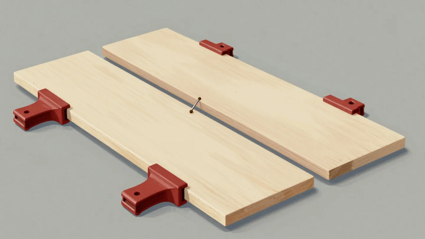 Two glued boards held in red clamps on a workbench while the next board waits.