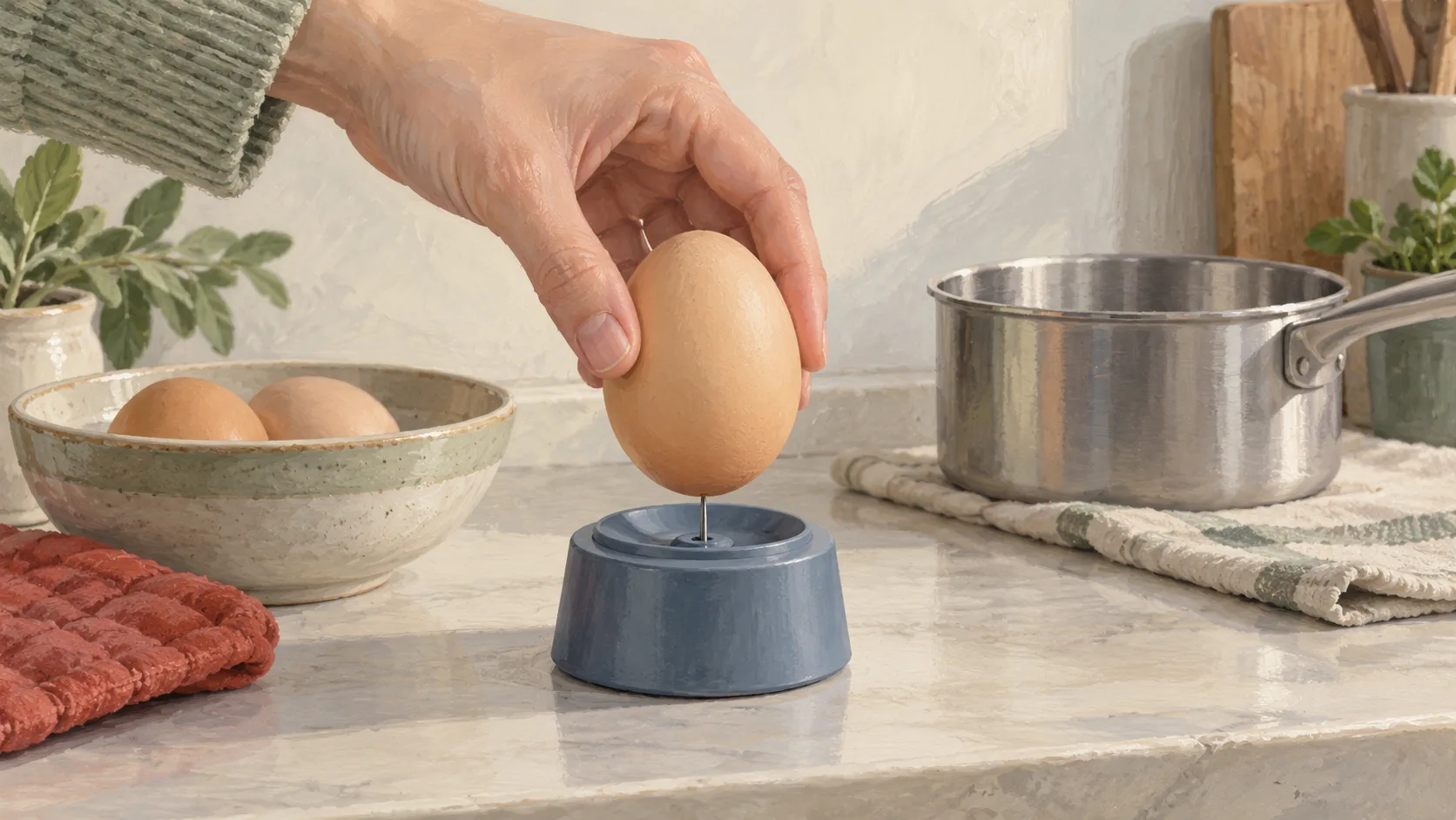 An egg poised on a small piercer before cooking