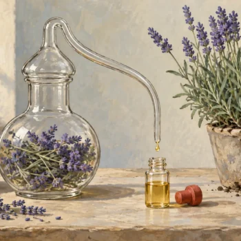 Glass lavender alembic feeding a small oil vial beside an intact rooted lavender plant