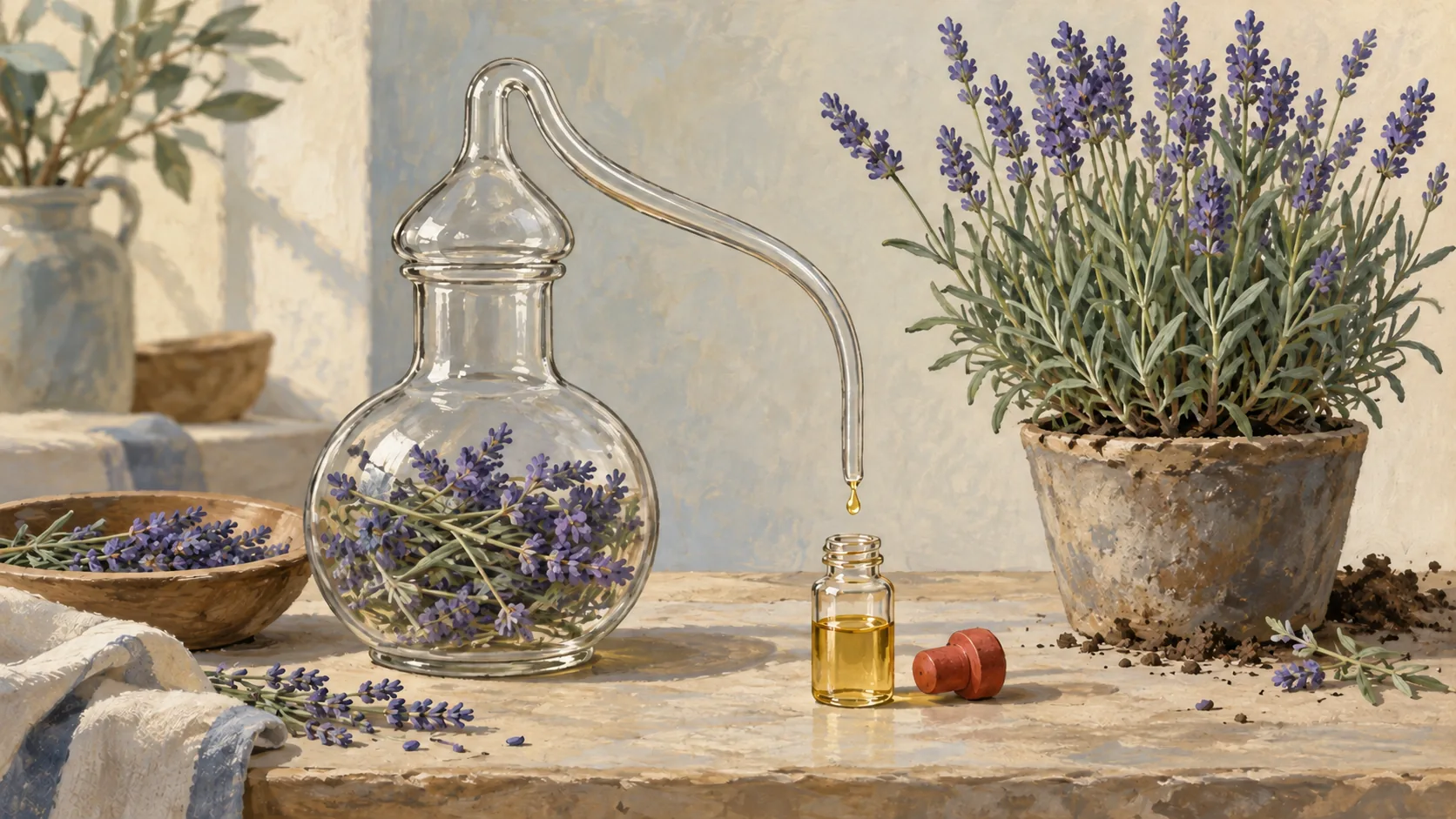 Glass lavender alembic feeding a small oil vial beside an intact rooted lavender plant