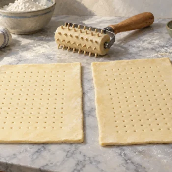 A pastry docker above equal pastry sheets turned in different directions