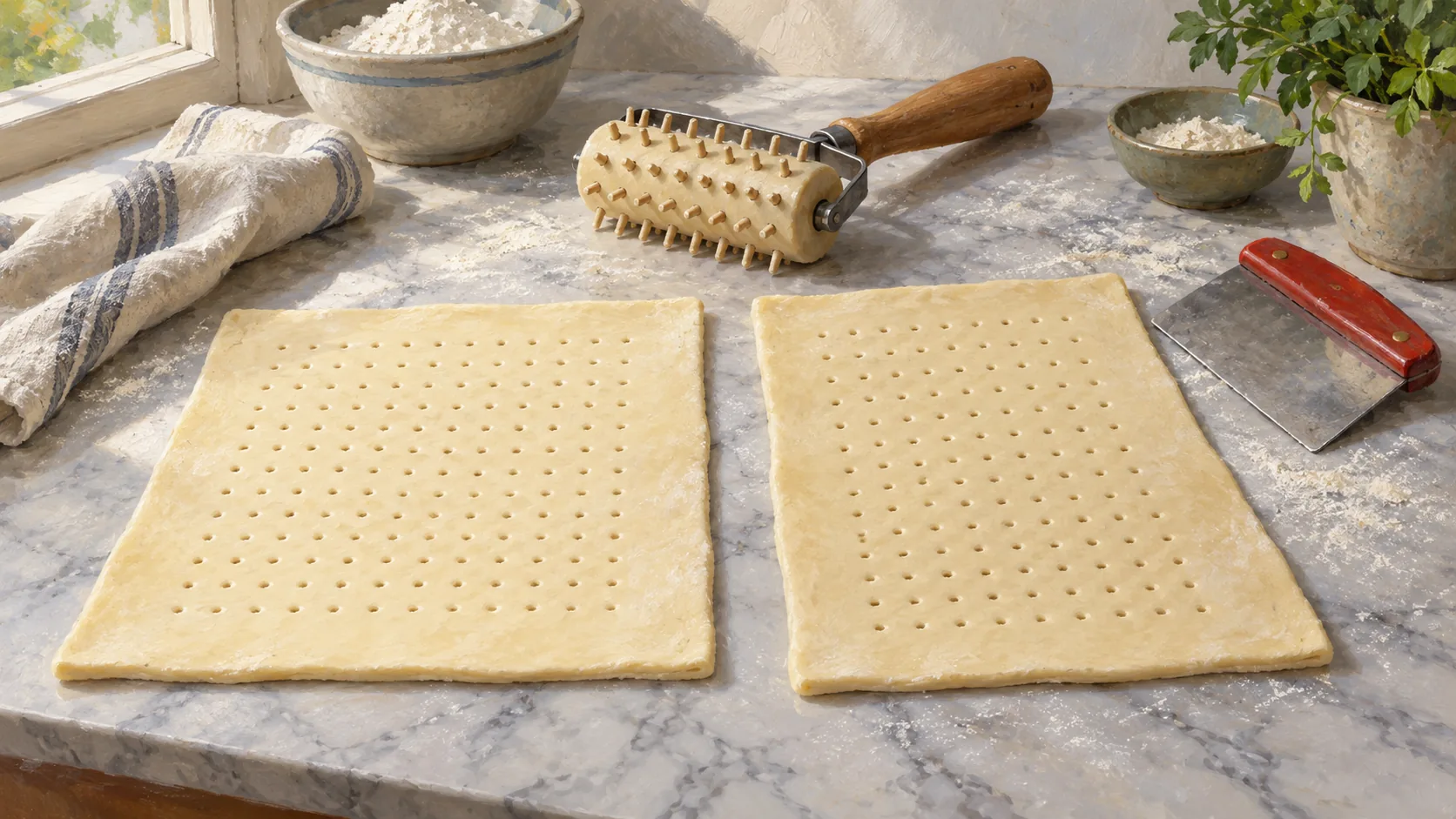 A pastry docker above equal pastry sheets turned in different directions