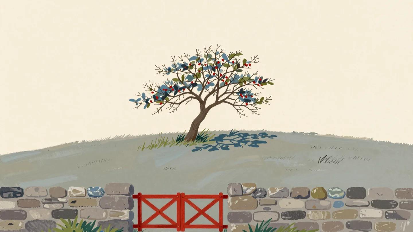 A lone hawthorn tree bent sideways by old winds on a calm day, a red gate below.