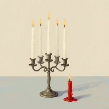 A candelabra with one red candle burned far lower than the others