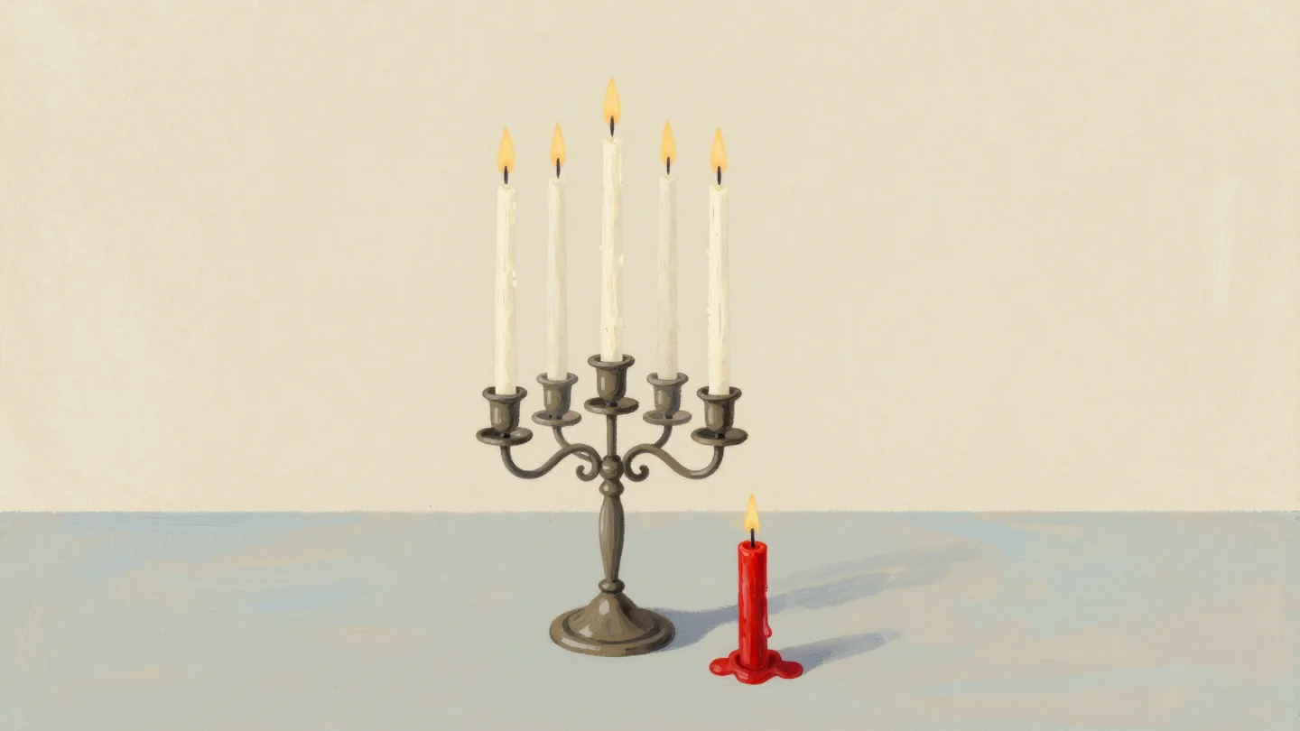 A candelabra with one red candle burned far lower than the others