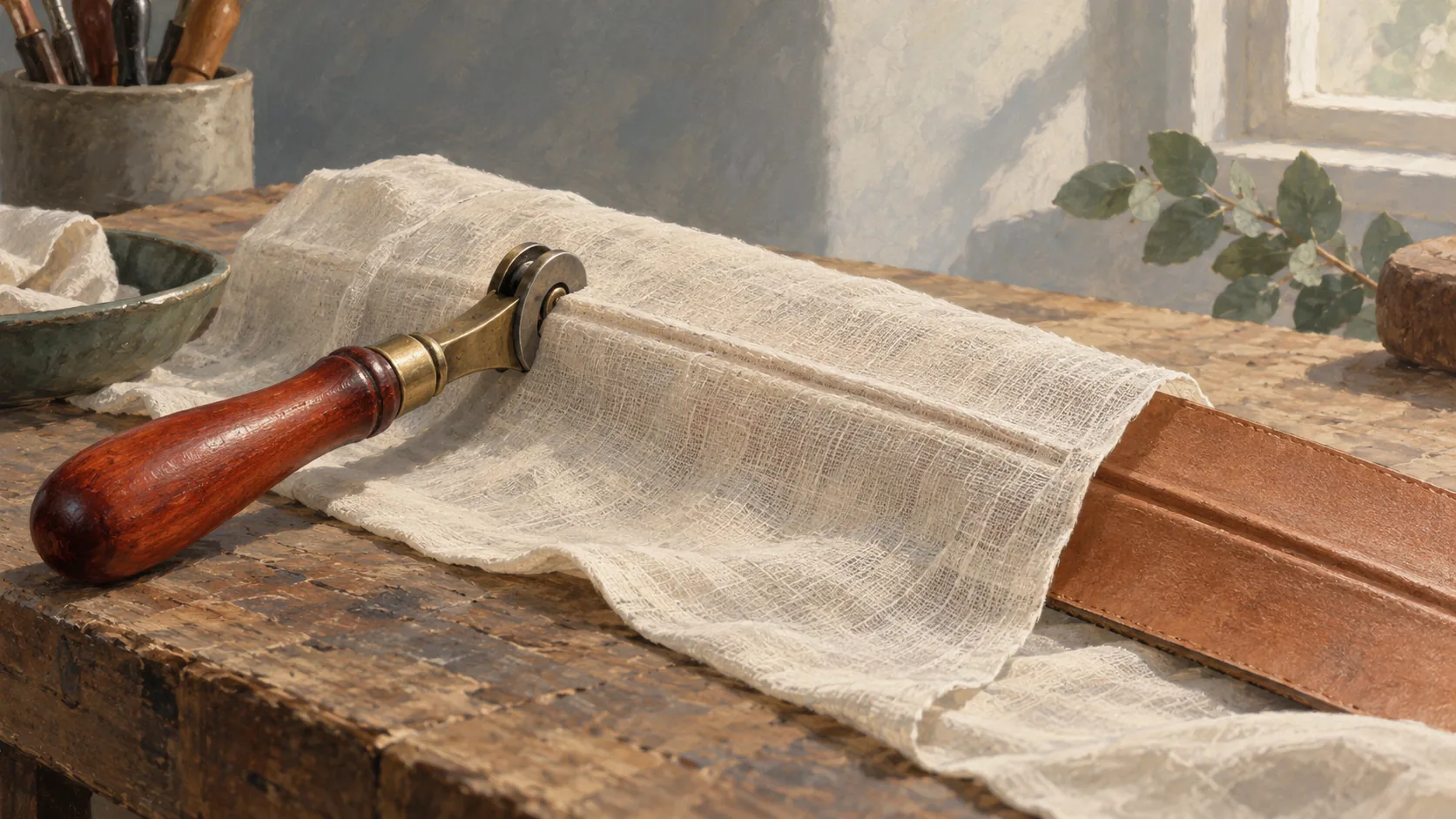 A cloth-covered leather strip whose raised crease remains visible