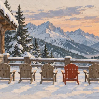 Gouache painting of a snowy mountain ski lodge at dusk with warm windows and a row of chairs on the deck, one of them vermilion.
