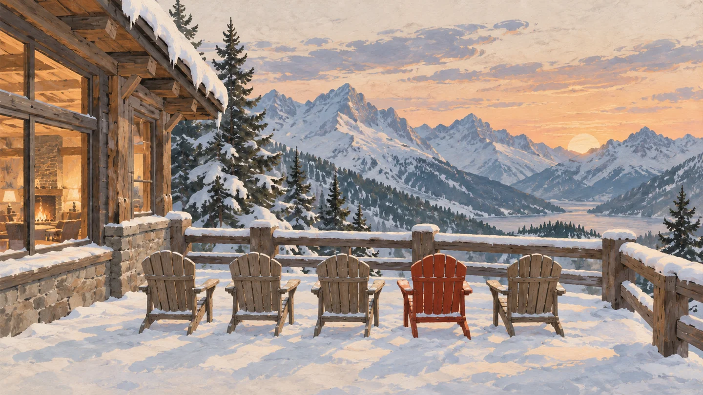Gouache painting of a snowy mountain ski lodge at dusk with warm windows and a row of chairs on the deck, one of them vermilion.