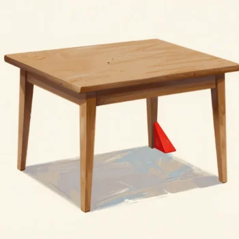 A red wedge folded under one leg of a wobbly table