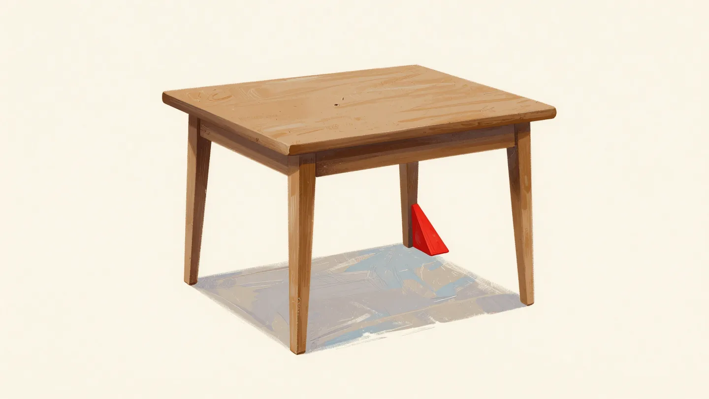 A red wedge folded under one leg of a wobbly table