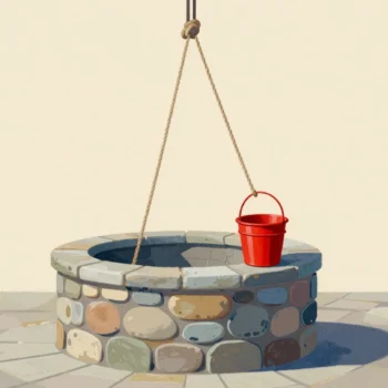 A line of buckets waiting on the rim of a village well, a red bucket first in line.