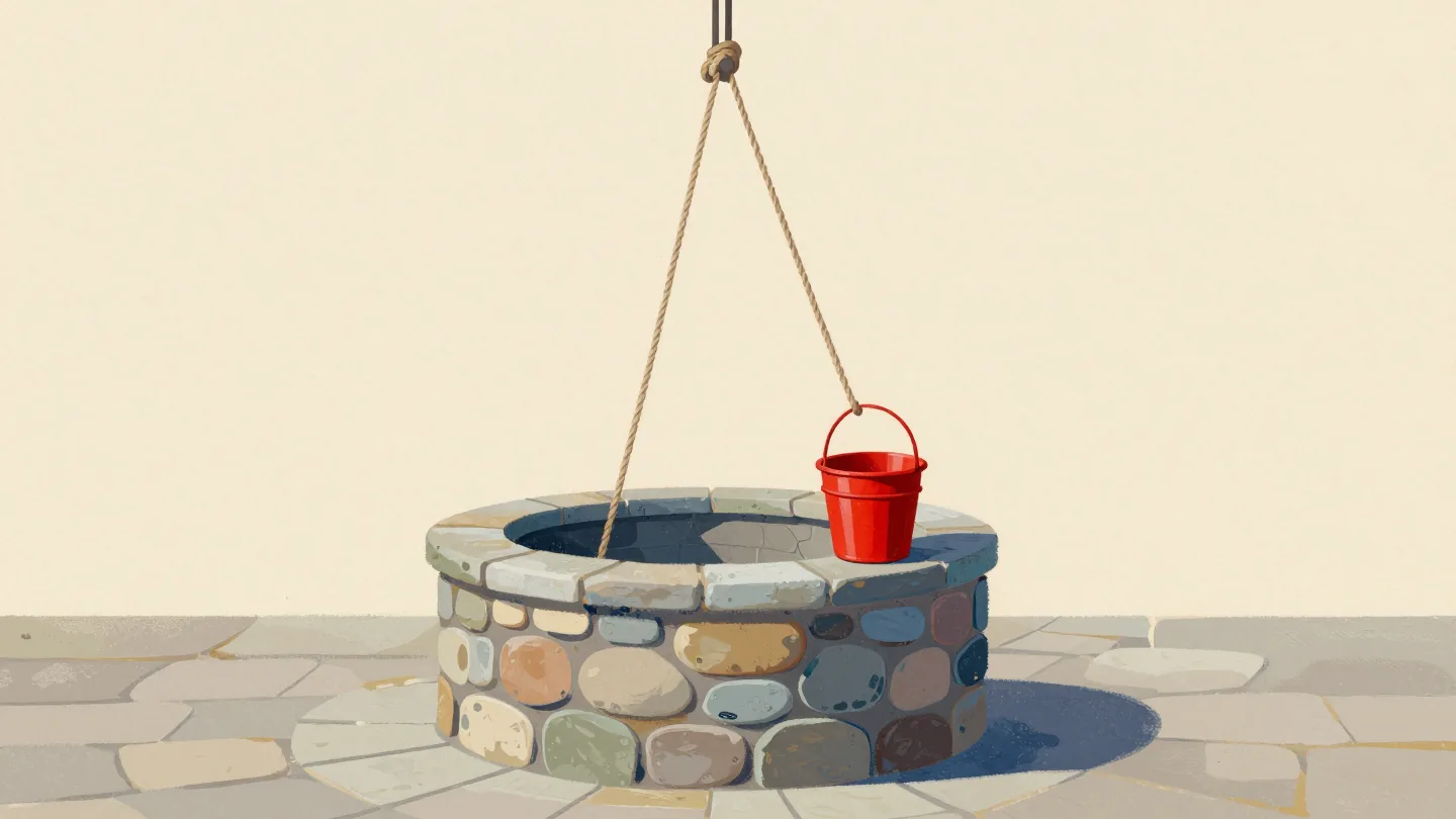 A line of buckets waiting on the rim of a village well, a red bucket first in line.