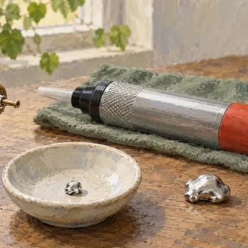 Solder sucker beside a recovered original bead and a separate new lump