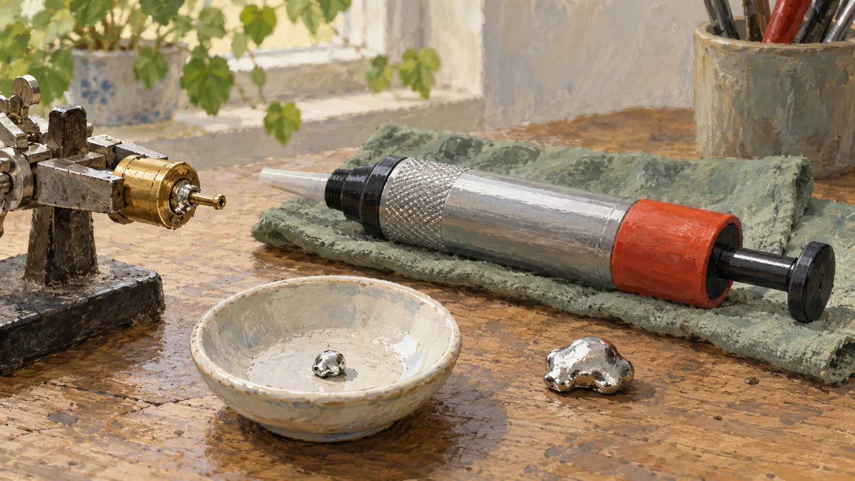 Solder sucker beside a recovered original bead and a separate new lump