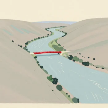 Small streams joining larger rivers that merge into one wide river, a red bridge across it.