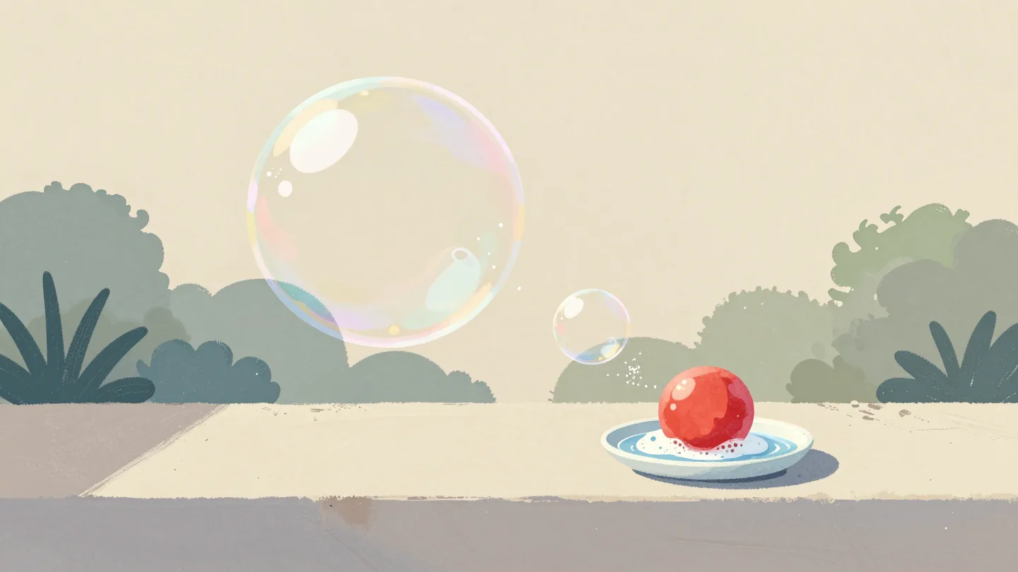 A large soap bubble with a smaller one inside, a red bubble wand in a dish.