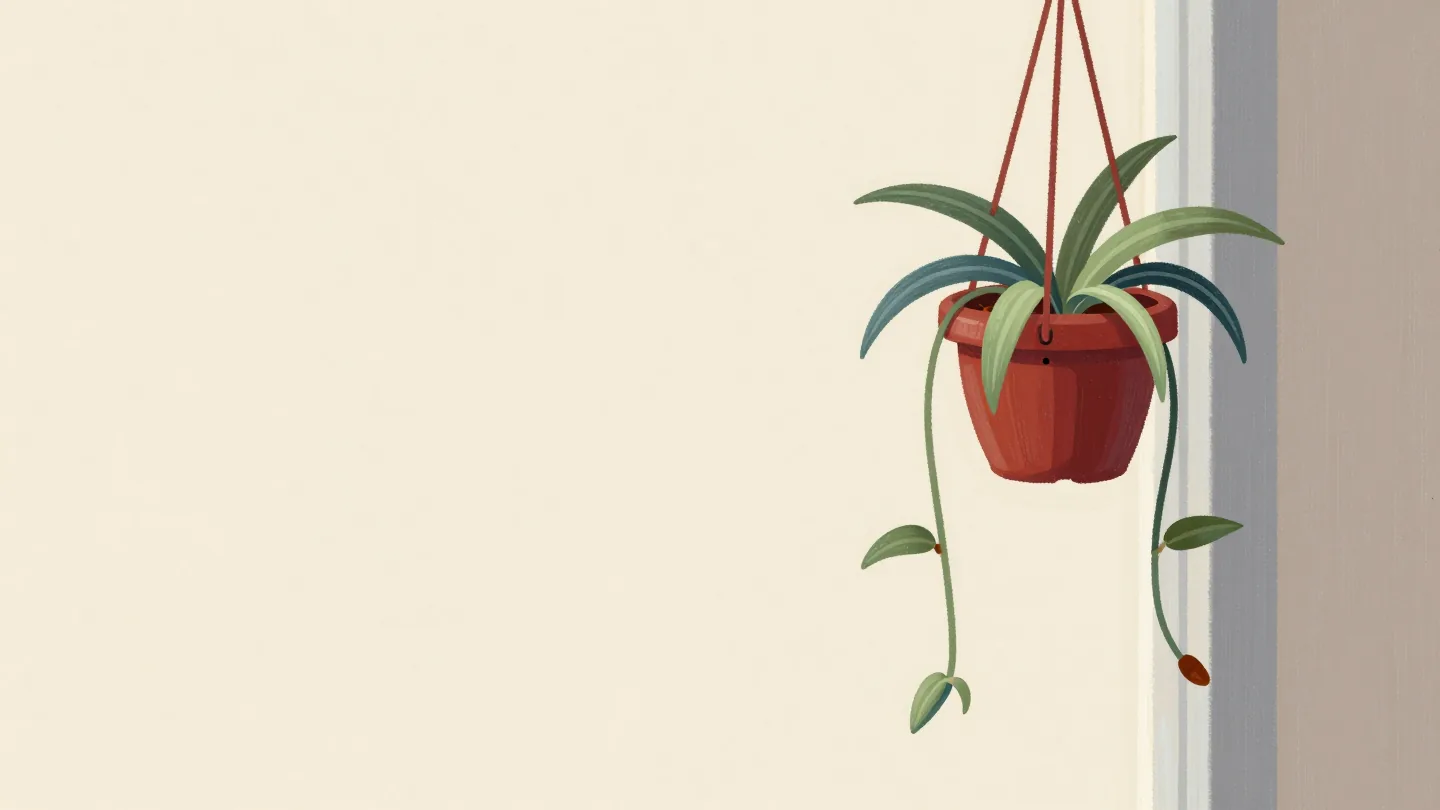 A spider plant in a red pot with baby plantlets that share its brown leaf tip.