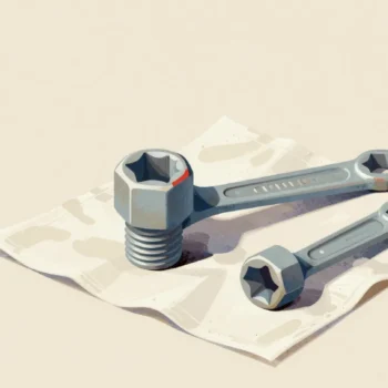 A socket wrench sitting slightly loose on a hex bolt, a nearly identical socket from another set lying beside it