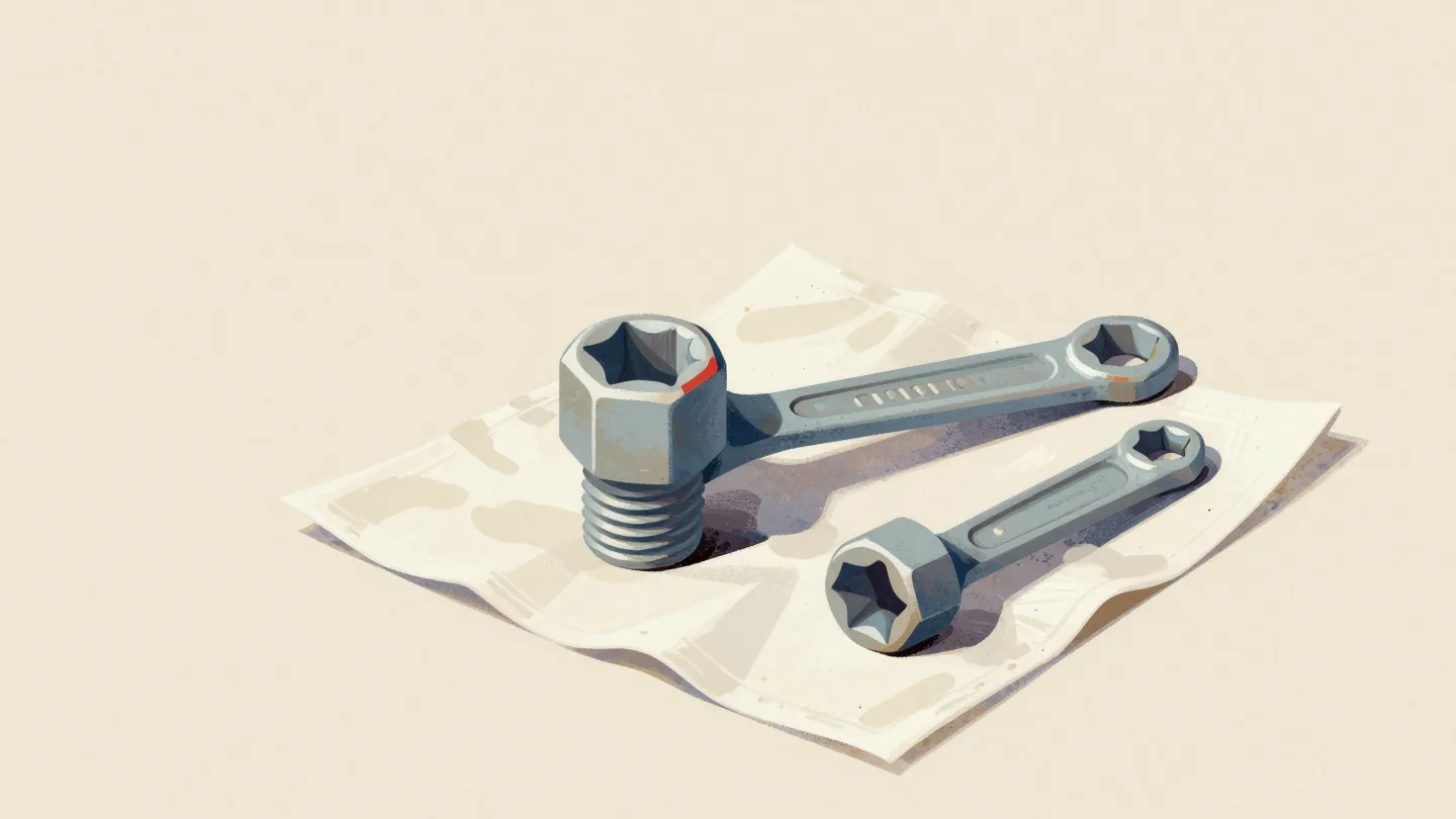 A socket wrench sitting slightly loose on a hex bolt, a nearly identical socket from another set lying beside it