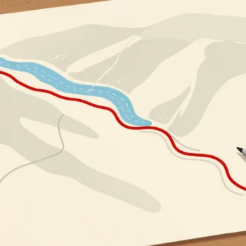 A hand-drawn map where a road has been redrawn in red around a new lake