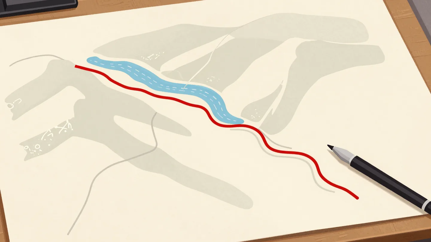 A hand-drawn map where a road has been redrawn in red around a new lake