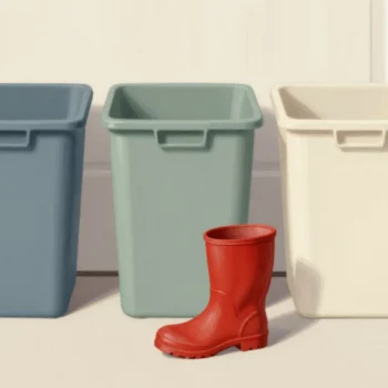 Three sorting bins in a row with a red rubber boot on the ground that fits none.