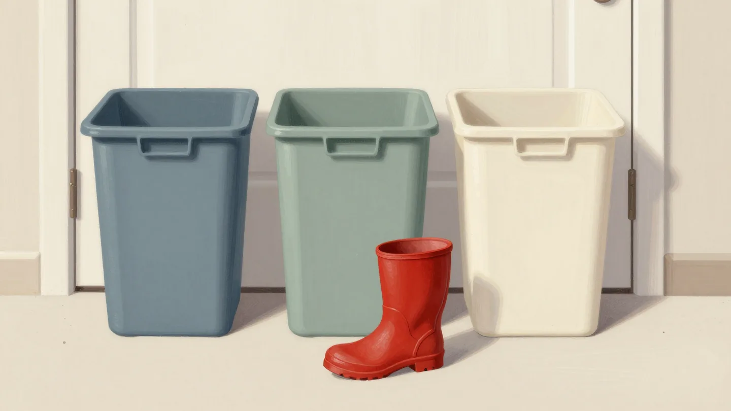 Three sorting bins in a row with a red rubber boot on the ground that fits none.